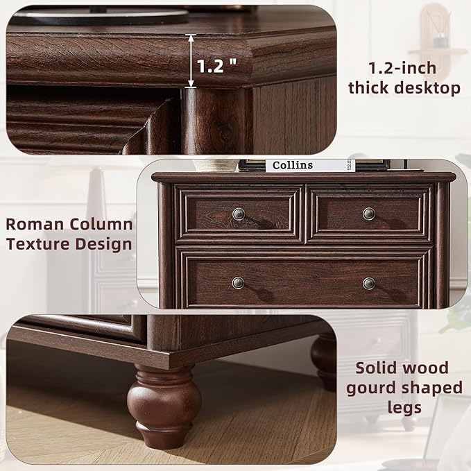 Farmhouse 6 Drawer Dresser Set of 2, Chest of Drawers for Bedroom, 43.5" Tall Walnut Kids Dresser with Roman Column and Metal Handles, Storage Dressers Organizer for Living Room, Hallway, Closet