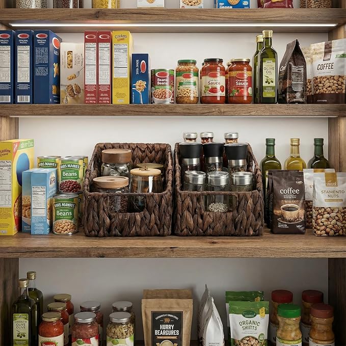 StorageWorks Pantry Baskets for Organizing, Water Hyacinth Storage Baskets for Shelves, Small basket with Built-in Handles, Pantry Organizers and Storage, Brown, Set of 2 - Image 5