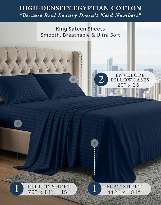 LANE LINEN 100% Egyptian Cotton Sheets King Size, Fully Elasticized Reinforced Seams Extra Deep Pocket King Sheet, No Pill Fade Resistant Cooling Sheets King Size Damask Stripe - Navy