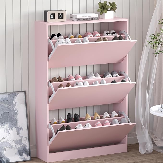 BORNOON Shoe Cabinet with 3 Flip Drawers, Hidden Wood Shoe Cabinet,Freestanding Shoe Storage Cabinet for Entryway Hallway.White. 47.2" H*31.5" W*9.45" D (Pink) by BORNOON