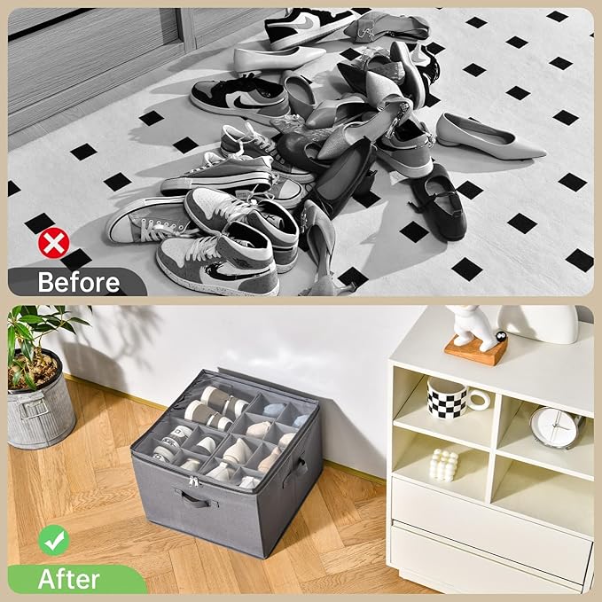 INSTY 2 Pack Shoe Organizer for Closet,Fits up to 32 Pairs,Adjustable Dividers for Shoe Storage,Fabric Shoe Storage Bins with Clear Cover,Grey - Image 4