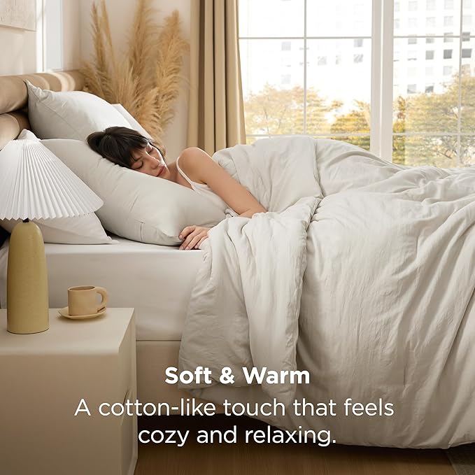Bedsure Full Comforter Set, Beige Soft Prewashed Bedding for All Seasons, 3 Pieces GentleSoft™ Bed Set, 1 Lightweight Comforter (82"x86") and 2 Pillowcases (20"x26")