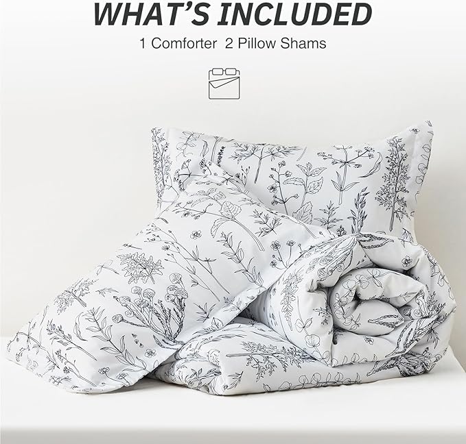 Love's cabin White King Size Comforter Set - King Comforter Set, 3 Pieces Cute Floral Bedding Sets for All Seasons,1 Soft Reversible Botanical Flowers Comforter and 2 Pillow Shams