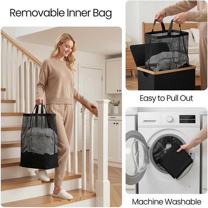 efluky Slim Laundry Basket with Lid, Narrow Laundry Hamper with Removable Bag, Skinny Dirty Clothes Basket with Bamboo Handles for Bathroom, Bedroom & Laundry Room, 65L Black - Image 6