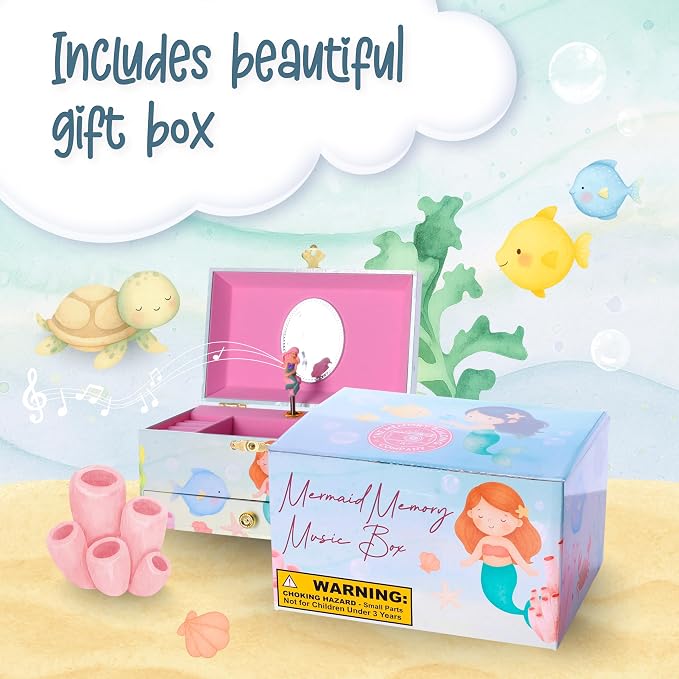 The Memory Building Co Mermaid Musical Jewelry Box Plays Classic Melody, Storage Organizer Music Box for Kids Ages 6-12, MDF Wood w/ 2 Fabric Lined Ring Bracelet Necklace Treasure Compartments - Image 7