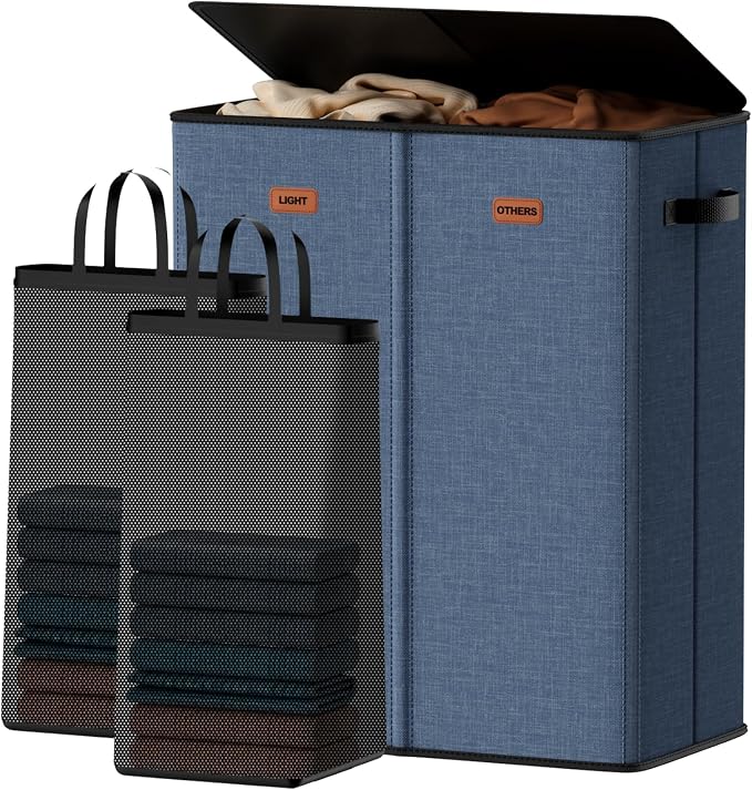 150L Double Laundry Hamper With Lid, Large Clothes Hampers with Removable Bag, Laundry Hamper 2 Section for Bathroom, Bedroom, Laundry Room, Dorm, Navy Blue by Vexalora