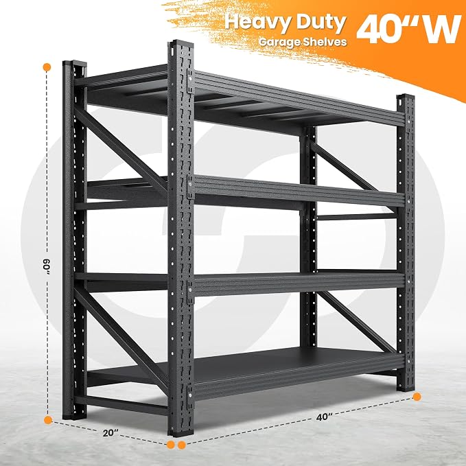 40”W Metal Storage Shelves, 20” Deep Heavy Duty Garage Shelving Units, 4 Tier Storage rack shelf, Steel Tall Industrial Shelving , Adjustable Standing Shelf for Warehouse / Shop 40"W x 20"D x 60"H - Image 2