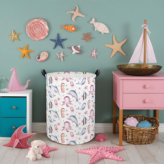 HIYAGON Baby Laundry Basket Baby Hamper for Nursery Girl Kids Ocean Hamper Cute Kids Toys Storage Bin Organizer Pink Room Decor for Home(Pink Ocean) - Image 5
