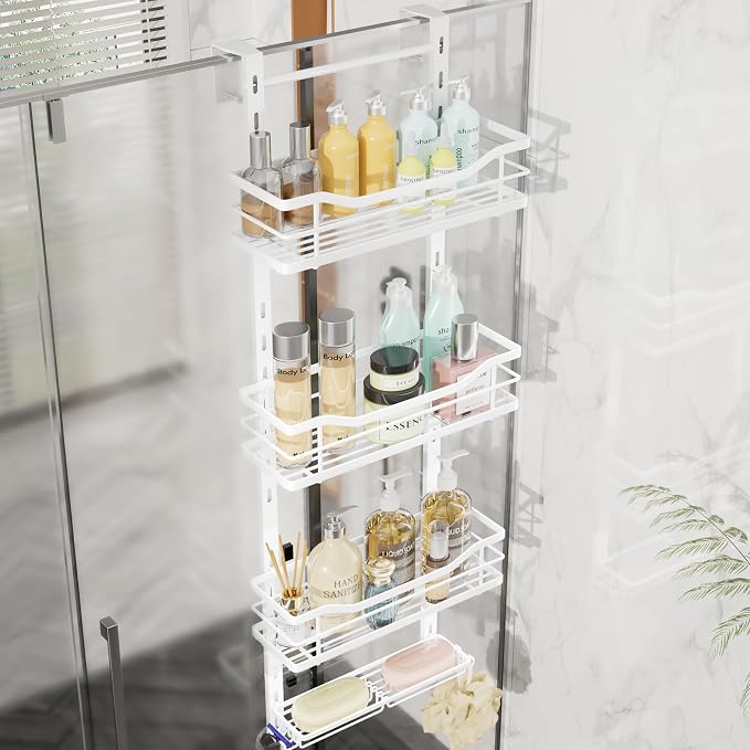 SWTYMIKI Over the Door Shower Caddy - 4 Tier Adjustable Shower Organizer Hanging with Soap Holder, No Drilling Stainless Steel Bathroom Rack Hanging for Body Wash, Shampoo, Soap, Razor, White by SwtyMiki-TidyHomeSweetLife
