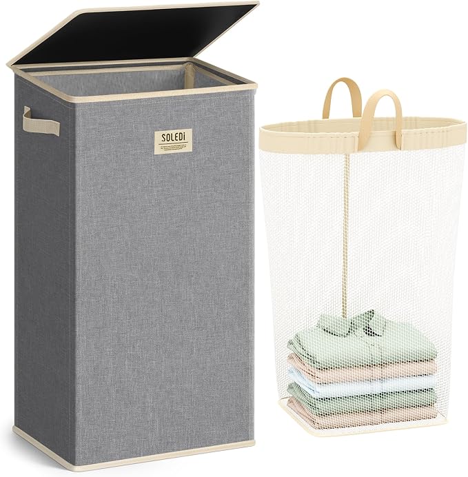 SOLEDI Laundry Hamper with Lid 100L Large & Tall Collapsible Laundry Basket, Clothes Hamper with Bag Removable Easy to Carry, Dirty Hampers for Bedroom, Bathroom, Dorm, College, Light Grey by SOLEDI