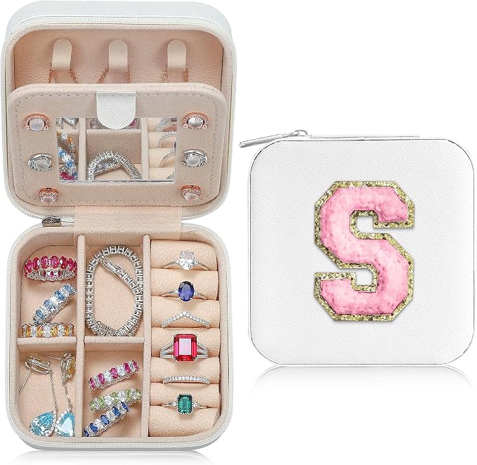 Parima Bridesmaid Gifts for Wedding Day, Bridesmaid Gifts for Women | Bridesmaid Proposal Gifts Unique Gifts | Wedding Travel Essentials Small Jewelry Box | Travel Jewelry Case - Letter S, White by PARIMA