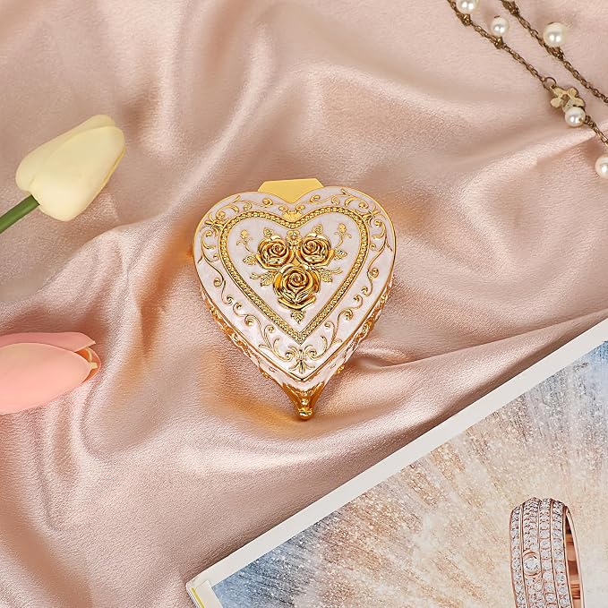 Hipiwe Vintage Metal Jewelry Box - Heart Shape Trinket Organizer Ring Box Case with Rose Pattern Jewelry Storage Box for Ring Earrings Necklace, Gift for Women - Image 8