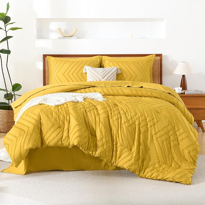 Litanika California King Size Comforter Set with Sheets Mustard Yellow - 7 Pieces Bed in a Bag Cal King Chevron Tufted Complete Bedding Sets with Comforter, Sheets, Pillowcases & Shams