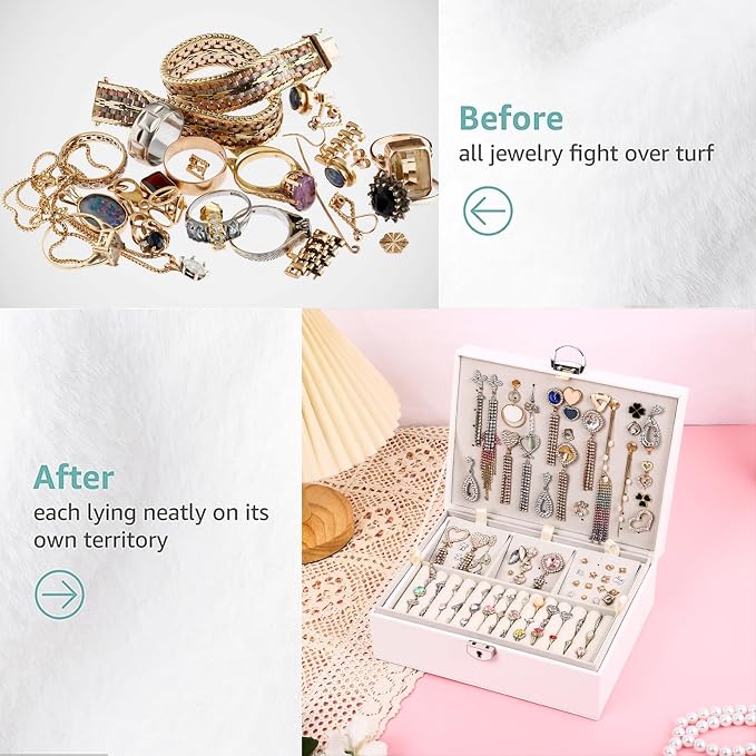 BOOVO Earring Jewelry Box For Women Girl Stud Organizer, 4 Layers Girl Jewelry Organizer Box With Lock Earring Holder Organizer Necklace Ring Jewelry Organizer Box For Girls (White, 4 layer) - Image 5