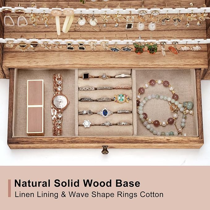 Pinzoveco Earring Organizer, 5 Layer Earring Holder Organizer with Necklace Holder Pole, Rustic Wood Jewelry Organizer Stand Display for Stud Earring Bracelet Necklace Ring, 175 Earring Holes - Image 4