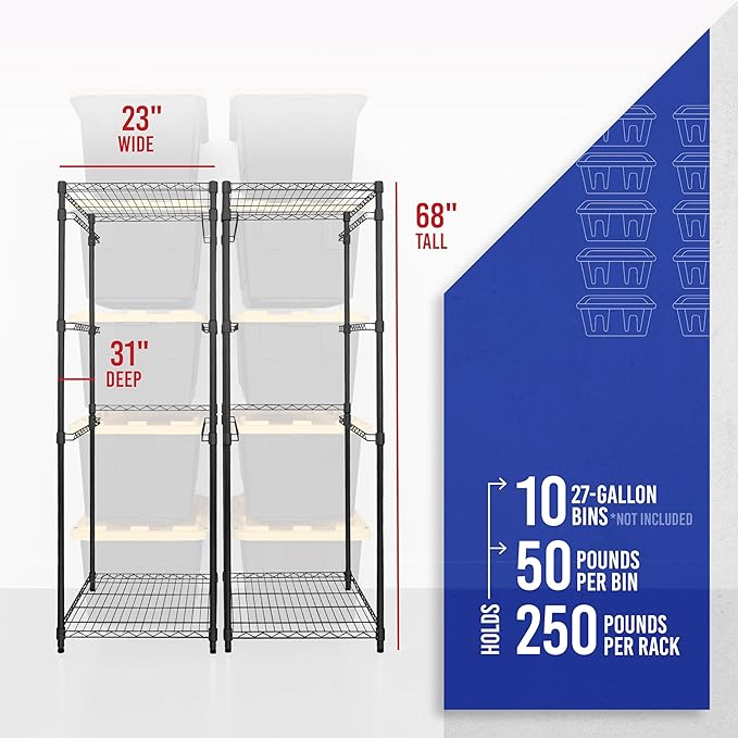 SafeRacks 2 Pack 5-Tier Steel Tote Rack - Maximize Space, Declutter, Organization, NSF Certified, Bin Storage for Garage, Pantry, Kitchen, Workspace, 5 Shelves, 31″ x 23″ x 68″, Black - Image 3