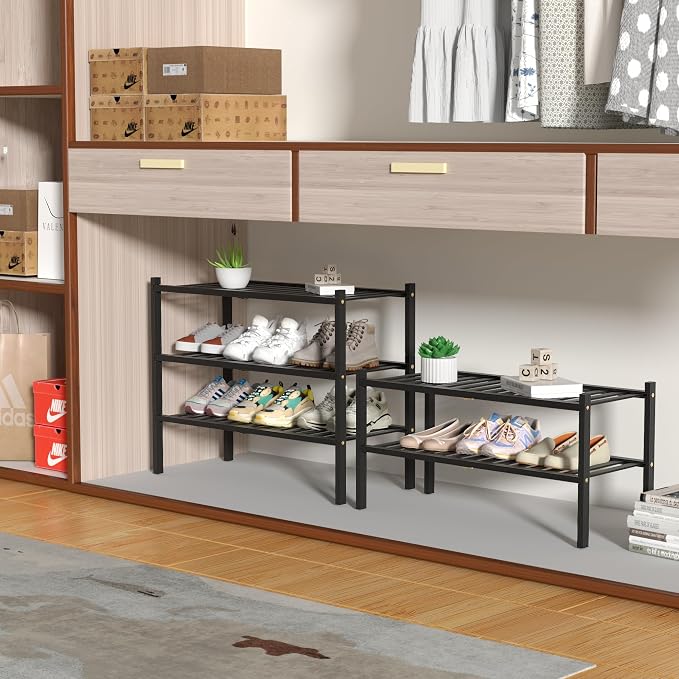 ROMGUAR CRAFT 2 Tier Bamboo Shoe Rack for Closet Free Standing Wood Shoe Shelf for Entryway Small Space Stackable 27"x11"x13" (Black) - Image 4