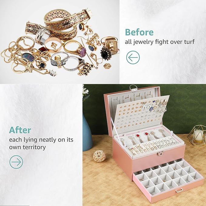 BOOVO Earring Jewelry Box For Women Girl Stud Organizer, 5 Layers Girl Jewelry Organizer Box With Lock Earring Holder Organizer Necklace Ring Jewelry Organizer Box For Girls (rose gold) - Image 6