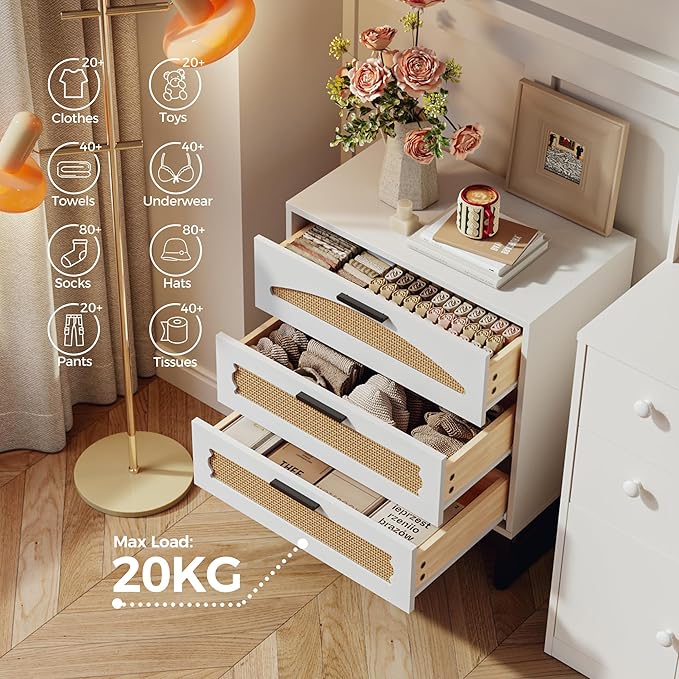 Mericonia 3 Drawer Rattan Dresser for Bedroom, Wood Dresser for Closet with Metal Handles, Small Boho Nightstand Sets, Dressers & Chests of Drawers for Bedroom, Hallway and Entryway, White