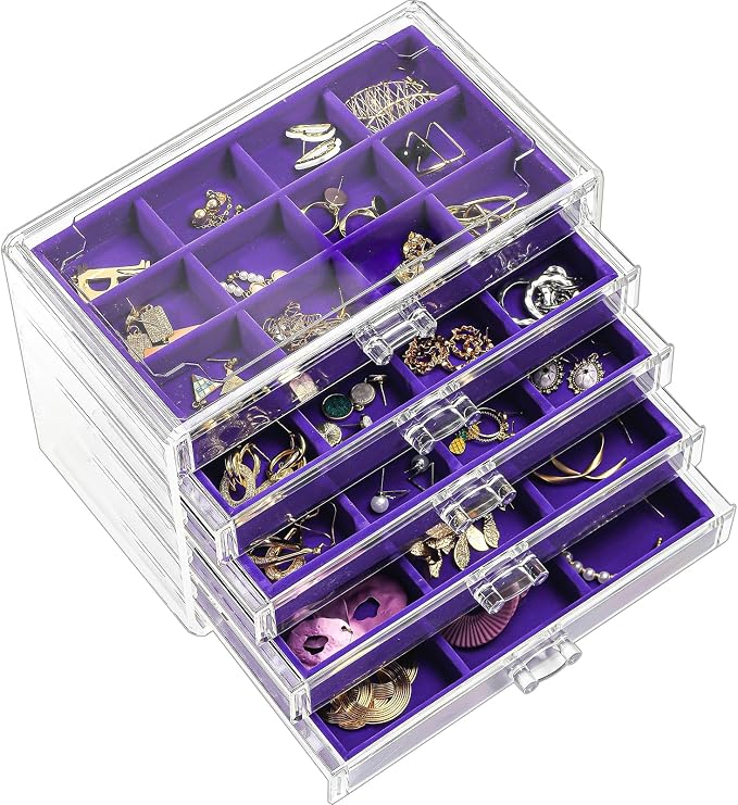 ProCase Earring Holder Organizer Jewelry Box with 5 Drawers, Acrylic Clear Earring Case with Adjustable Velvet Trays for Women - Purple, 5 Layers by ProCase