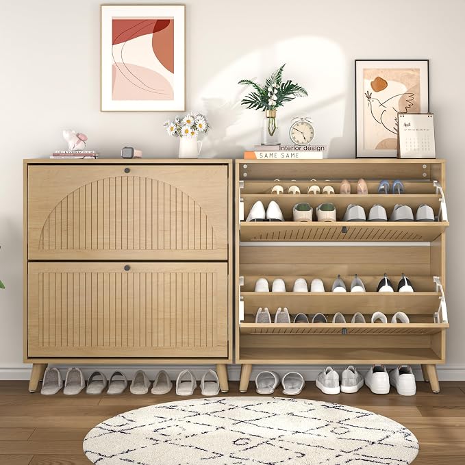 Fsbecl Shoe Storage Cabinet for Entryway with 2 Flip Drawers, Narrow Wood Shoe Cabinet with Fluted Panel, Freestanding Hidden Shoe Organizer for Foyer, Hallway (Wood Color) - Image 8