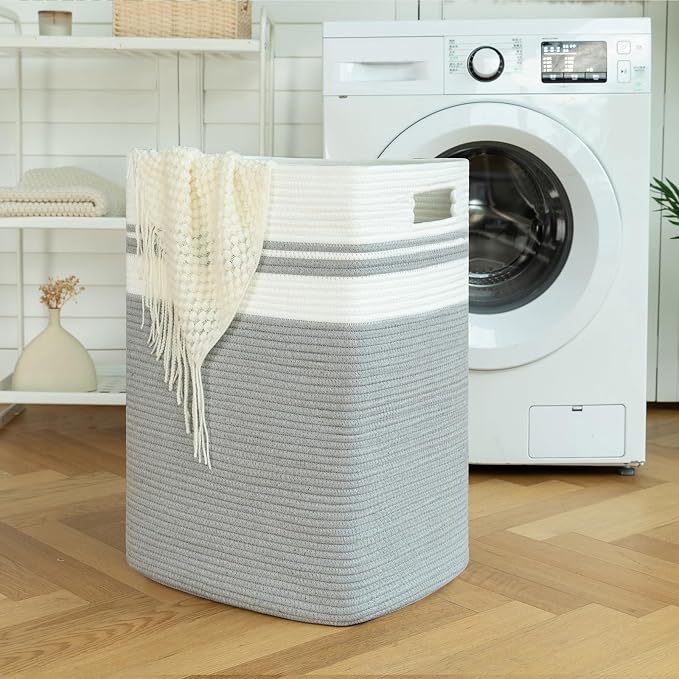 OIAHOMY 91L Laundry Hamper, XXXLarge Laundry Basket, Collapsible Cotton Rope Basket,Woven Storage Basket for Blankets,Clothes,Pillows-16x15x24-Grey - Image 2
