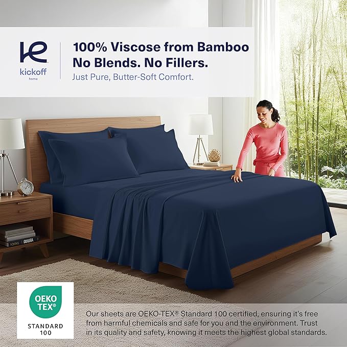 Kickoff Viscose Bamboo Sheets Full Size 4-pc 100% Organic Bamboo Viscose Bed Cooling Sheets Full Size Set Cool Bedding for hot Sleepers Sheet, Flat, Fitted, Pillowcases (Navy, F)