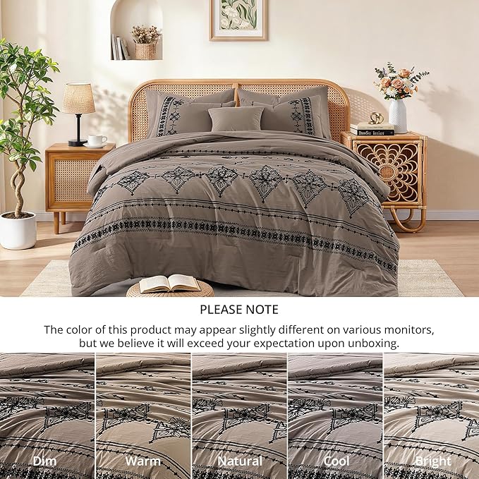 MaiRêve Queen Size Comforter Set Taupe Grey, Embroidery Floral Western Boho Bedding Set, All Season 7 Pieces Bed in a Bag with Sheets, Pillowcases & Shams