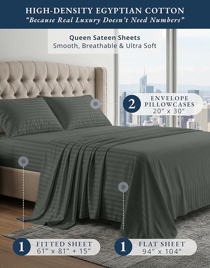 LANE LINEN 100% Egyptian Cotton Bed Sheets Queen Size, Long Staple Soft & Comfy Sateen Weave No Pill Fade Resistant Machine wash 15" Deep Pocket Queen Sheets - Damask Stripe Dark Grey