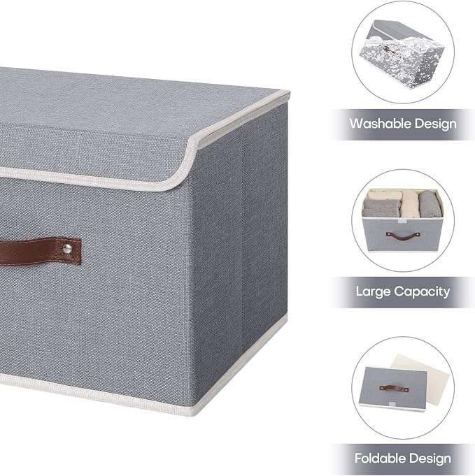 ANMINY 4PCS Storage Bin with Lid Storage Boxes with PU Leather Handles PP Plastic Board Decorative Foldable Lidded Cotton Linen Fabric Home Cubes Baskets Closet Organizer Container - Gray, Medium - Image 4