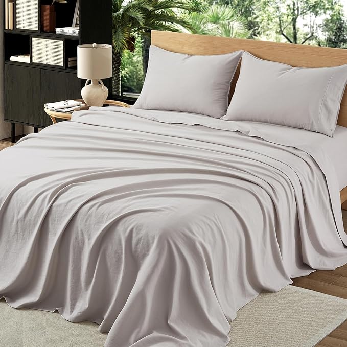 4Pcs Linen Sheets Full Size, 100% French Linen from Normandy, Breathable Natural Linen Full Sheet Set with 16 Inch Deep Pocket, 1 Flat Sheet, 1 Fitted Sheet, 2 Pillowcases