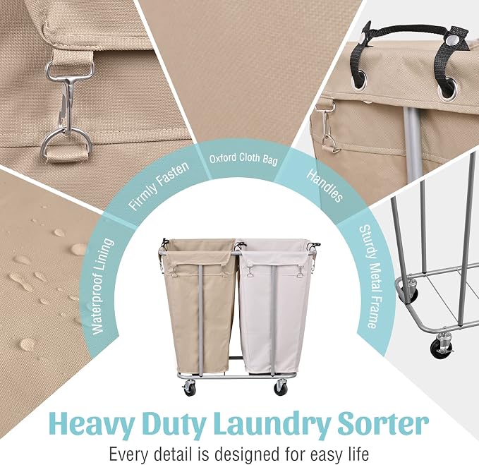 PLKOW Laundry Cart with Wheels 280L Large Laundry Sorter 2 Section for Commercial/Home, Rolling Laundry Cart with Steel Frame and Removable Bag, 8 Bushel, 32.3L x 19.7W x 31.5H Inch - Image 5