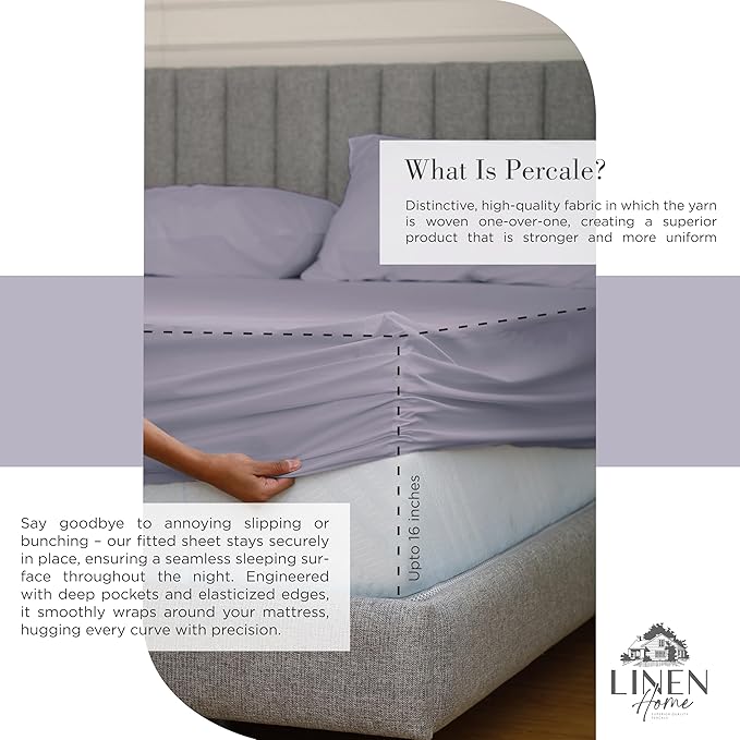 Linen Home Queen Percale Sheets 100% Cotton, 4-Piece Set, Deep Pocket Fits 16" Mattress Crisp Cool Breathable Bed Sheet Set, 1 Flat + 1 Fitted + 2 Pillowcases, Prelude Purple