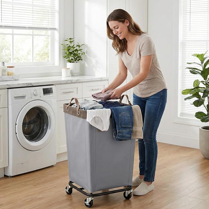 StorageWorks 160L Laundry Basket with Wheels, Large Rolling Hampers for Clothing Organizer, Dirty Clothes Basket for Hotel, Home, Closet, Dorm, Light Grey - Image 2