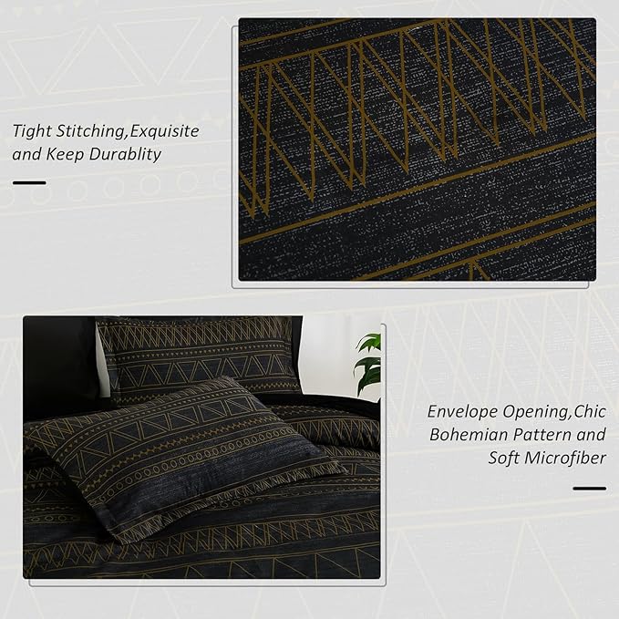 WONGS BEDDING Queen Comforter Set 7 Pieces, Boho Black Gold Geometric Striped Comforter for Queen Bed in a Bag, Soft Microfiber Bedding Set with Pillowcases, Flat Sheet, Fitted Sheet, Pillow Shams