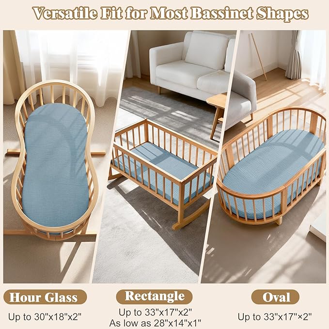 Basumee Muslin Bassinet Sheets for Baby Girl Boy 2 Pack Soft Breathable Baby Bedside Bassinet Fitted Sheets with Bottom Elastic Band Mattress Cover for Rectangle Oval Hourglass Bassinets