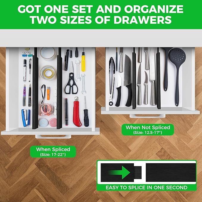 4 Pack Bamboo Drawer Dividers Organizer with Inserts 2.6'' High, Expandable from 12.5-21.7", Adjustable Drawer Organizer Separators for Utensils, Clothing, Office, Dresser, Bedroom, (Black) - Image 2