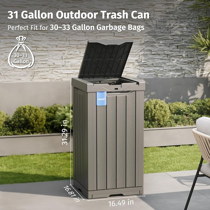 EAST OAK 31 Gallon Outdoor Trash Can | Waterproof Resin Garbage Can with Recycle and Garbage Labels | Secure Bag Lip Lock and Drip Tray | Outside Trash Bin for Patio | Kitchen, Backyard or Deck | Gray - Image 2