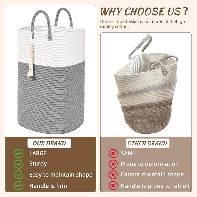 Woven Laundry Basket for Clothes, 50L Large Rectangle Laundry Hampers with Beads Tassel, Nursery Storage Basket for Toys, Tall Dirty Clothes Hamper for Bedroom Aesthetic, Laundry Room Organization - Image 4