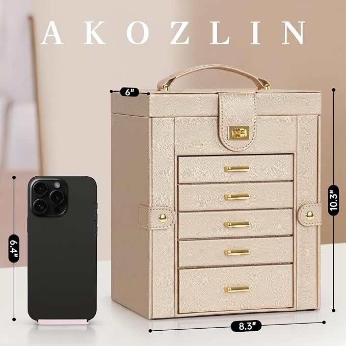 AKOZLIN 6-Tier Jewelry Box Organizer Functional Leather Jewelry Storage Case for Women Girls Ring Necklace Earring Bracelet Holder Organizer with Mirror - Image 5