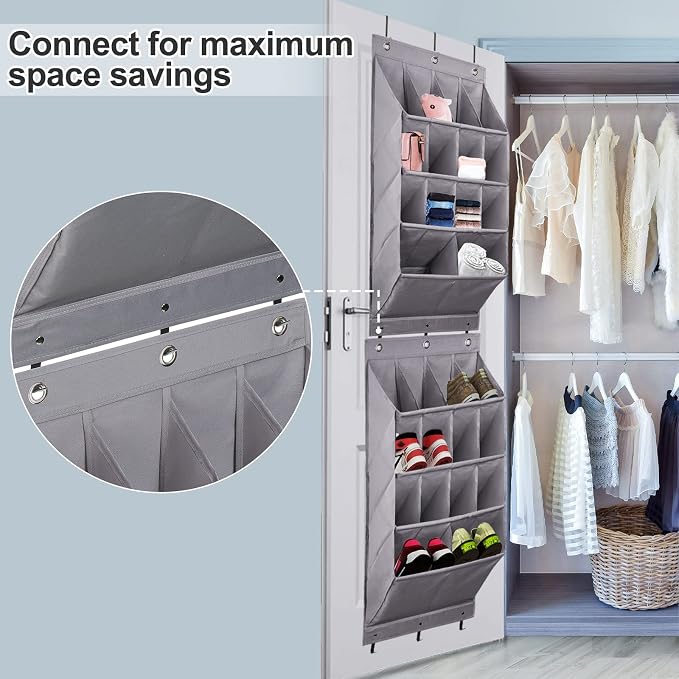 FENTEC 2 Pack Over the Door Shoe Organizer, Hanging Shoe Organizer Rack,24 Large Pockets and 4 Larger Storage Various Compartments with 6 Hooks, Home Accessories, Grey - Image 4