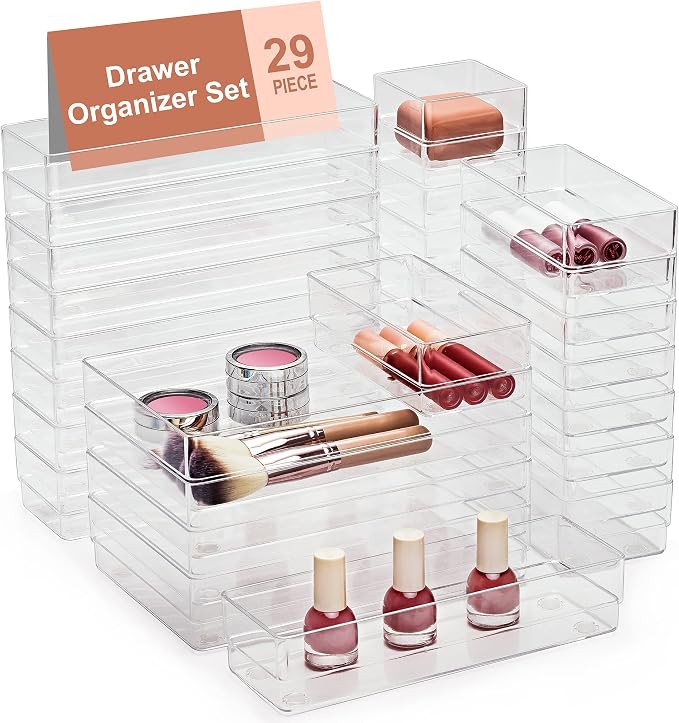 SMARTAKE 29-Piece Drawer Organizer with Non-Slip Silicone Pads, 4-Size Desk Drawer Organizer Trays Storage Tray for Makeup, Jewelries, Utensils in Bedroom Dresser, Office and Kitchen (Clear) by SMARTAKE