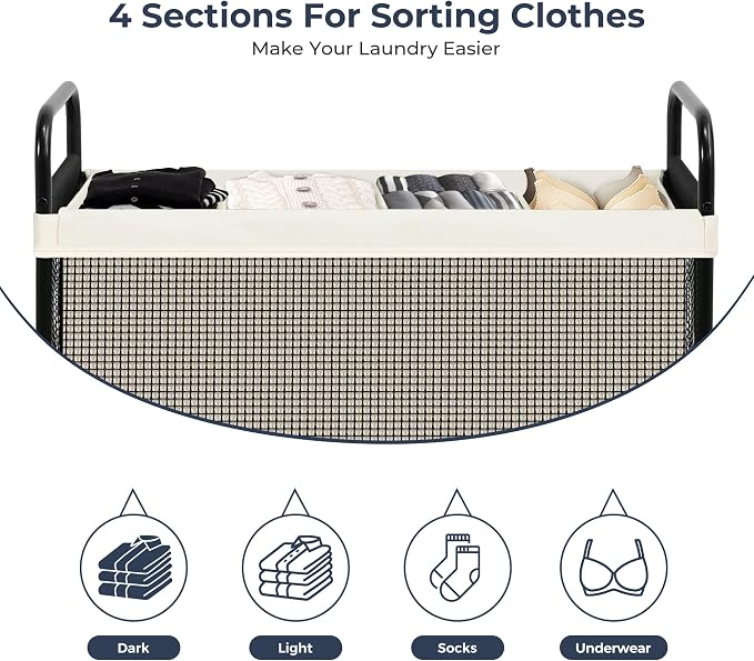 STO STO Laundry Hamper 4 Section, 140L Rolling Laundry Sorter Cart with Removable and Washable Liner Bag, Clothes Hamper with Wheels and Metal Handle for Laundry Room and Bedroom, Beige - Image 6