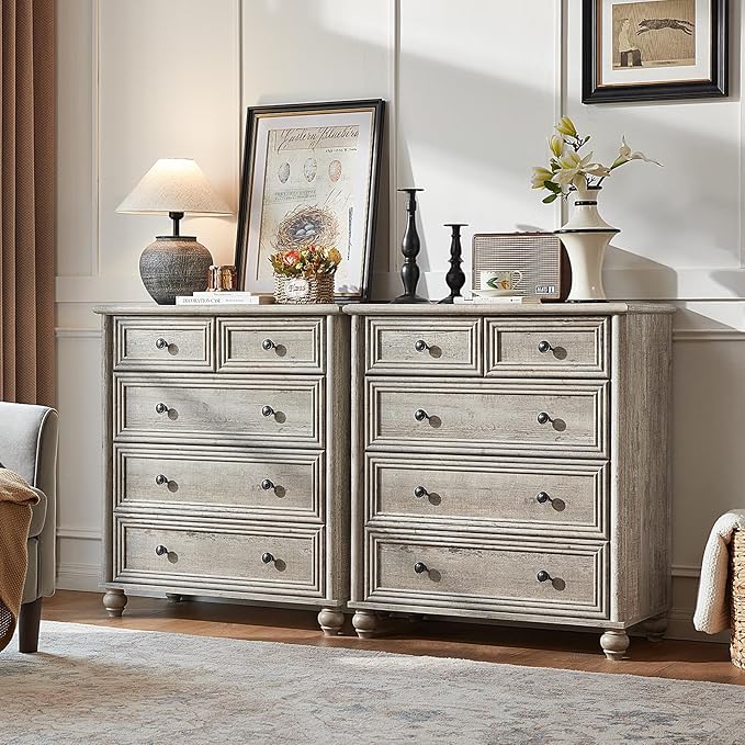 RWYHG Farmhouse 5 Drawer Dresser for Bedroom Set of 2, 35.5" Tall Small Dressers & Chest of Drawers, Rustic Wood Dresser with Roman Column, Storage Organizer for Living Room, Hallway, Closet (Grey)