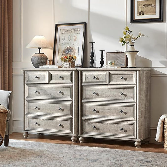 RWYHG Farmhouse 5 Drawer Dresser for Bedroom Set of 2, 35.5" Tall Small Dressers & Chest of Drawers, Rustic Wood Dresser with Roman Column, Storage Organizer for Living Room, Hallway, Closet (Grey)