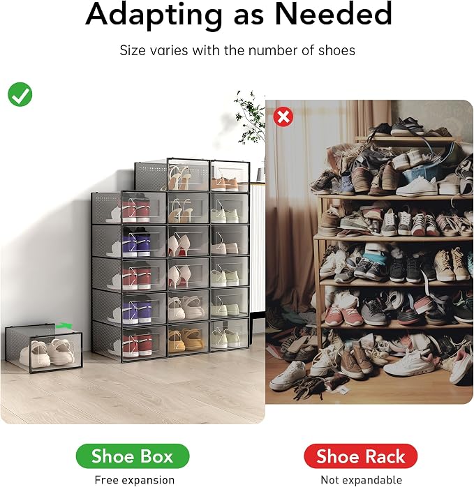 Foluck X-Large Shoe Storage Box, 15 Pack Clear Plastic Stackable Shoe Organizer for Closet, Interlocking Design Shoe Container Bins for Sneakers, Foldable Shoe Rack with Lids, Black - Image 5