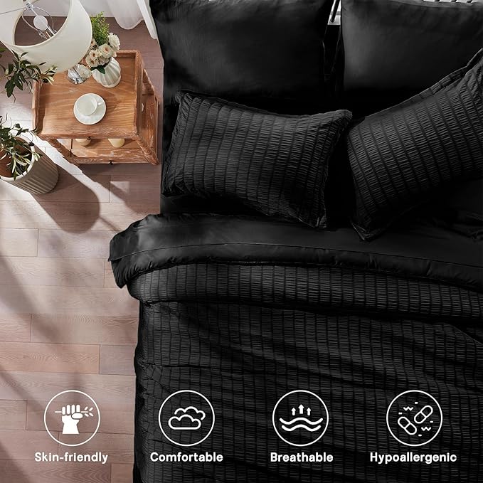 Zzlpp Black Twin Comforter Set 5 Pieces, Seersucker Bed in a Bag with Comforter and Sheets, All Season Bedding Sets with 1 Comforter, 1 Pillow Sham, 1 Pillowcase, 1 Flat Sheet, 1 Fitted Sheet
