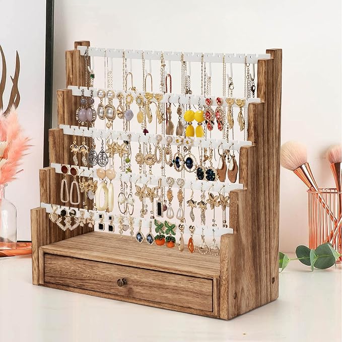 Pinzoveco Earring Organizer, 5 Layer Earring Holder Organizer with Necklace Holder Pole, Rustic Wood Jewelry Organizer Stand Display for Stud Earring Bracelet Necklace Ring, 175 Earring Holes - Image 2