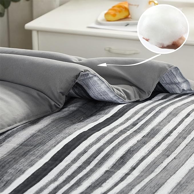 KAKIJUMN 5 Piece Bed in a Bag Stripe Comforter Set Twin Size, White Grey Black Patchwork Striped Comforter and Sheet Set, All Season Soft Microfiber Complete Bedding Sets(Grey,Twin)