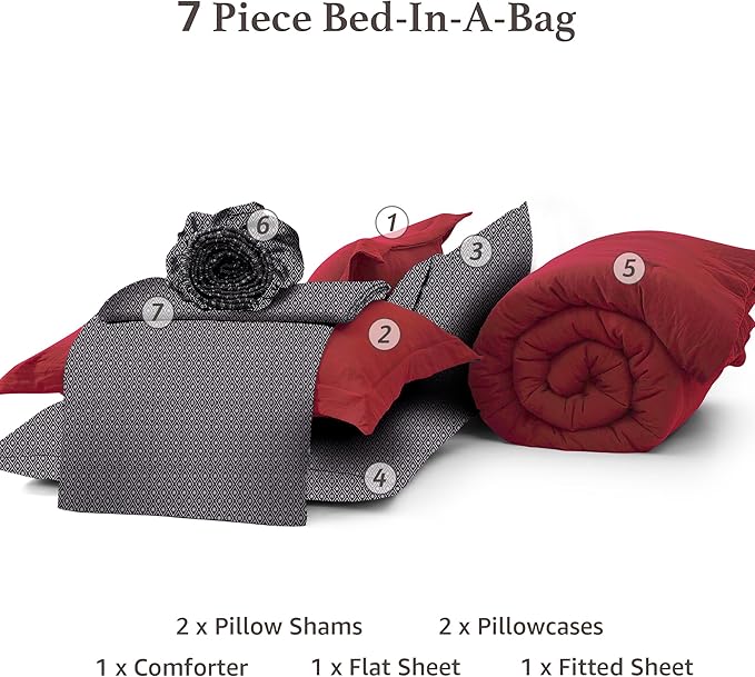 Monbix Queen Comforter Set - 7 Pieces Bright Red Prewashed Bed in a Bag Queen Bedding Sets with Comforters, All Seasons Ultra Soft Comforter Bed Set with Sheets, Pillowcases & Shams